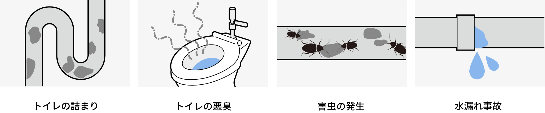 トイレの詰まり、トイレの悪臭、害虫の発生、水漏れ事故
